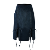 String Slit Denim Skirt